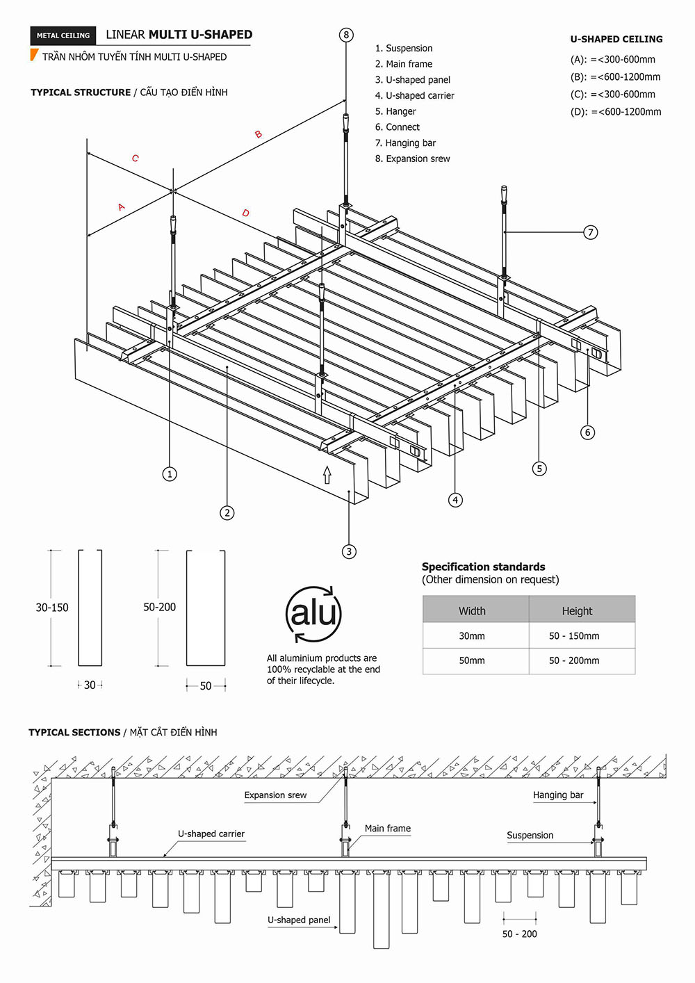 chi tiết cấu tạo trần nhôm U-shaped